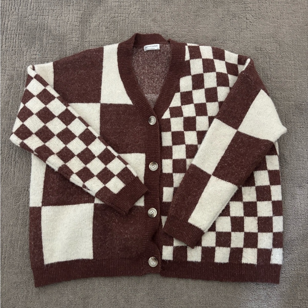 Brown and cream checkered cardigan